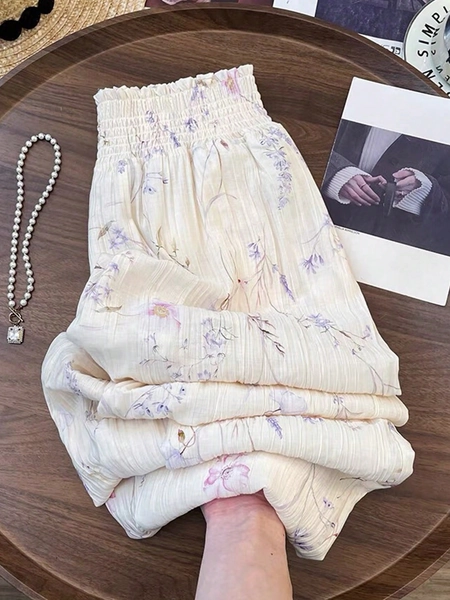 Breezaya Apricot Floral High Waist Wide Leg Pants, Casual Spring/Summer Style, Can Be Paired With Retro Belt, Elegant For Daily Wear, Suitable For Office, Graduation, Vintage Music Festival, Derby Season Fall Cloth For Women