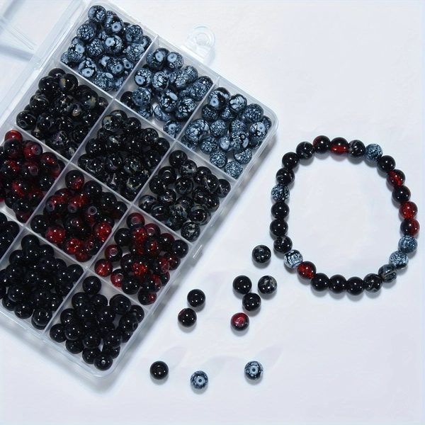 12-Grid Black Glass Bead Jewelry Making Set Box, Suitable for Friendship Bracelets, Necklaces, and Earrings 8mm