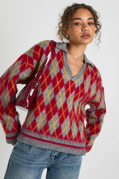 Soft Knit Oversized Argyle Collared Jumper | boohooMAN USA