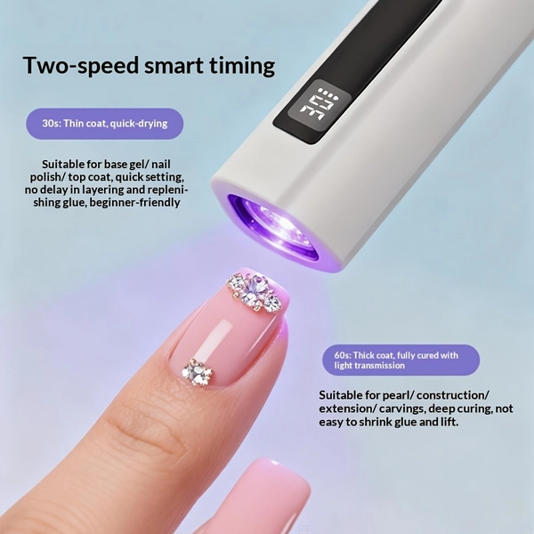 A Mobile Nail Lamp Designed for Gel Nail Polish, Featuring a Complete Set of Nail Enhancement Tools. It Offers Rapid Drying Capabilities, a Base, And a Screen to Display Timing, Along with Dual-Speed Timing for Quick Drying