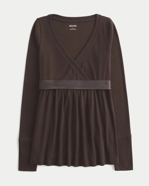 Easy Long-Sleeve Wrap-Front Babydoll Top