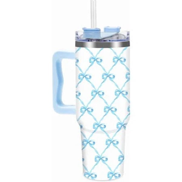 Pink Bow Tumbler with Handle, Straw, and Lid