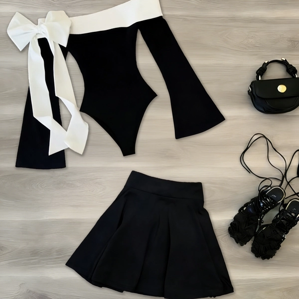 Women's Fashion Bow Black and White Contrast Color Off-Shoulder Bodycon Bodysuit + Fashion Solid Color Umbrella-Shaped Half-Skirt 2pcs Set