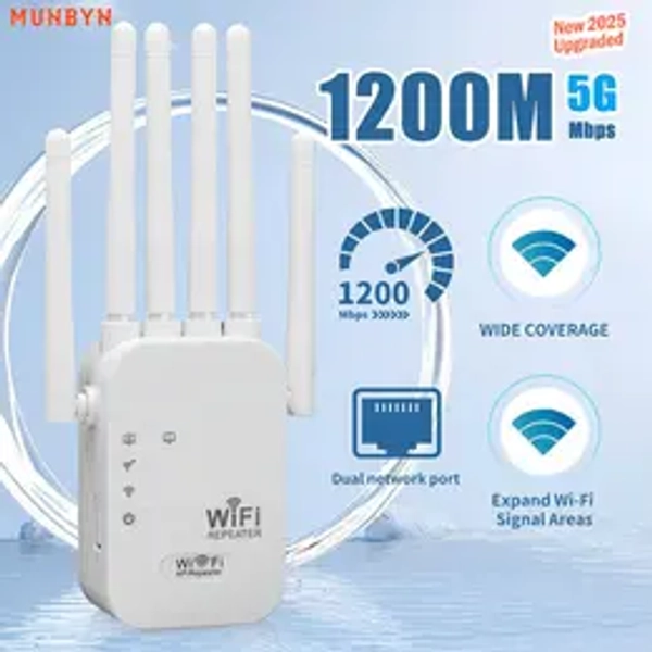 MUNBYN WiFi Extender 2025, 1200Mbps Dual Band Signal Booster (5GHz/2.4GHz) Covers Up to 10,000 sq. ft & Connects 50 Devices | Repeater with Ethernet Port for Home Use