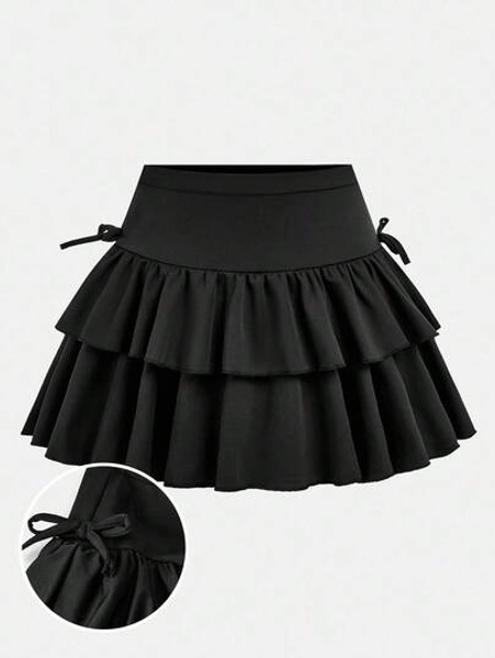 SHEIN Girlism Teen Girls Casual, Sports, School, Back To School, Black Undershorts With Ruffled Hem Skater Skirt, Spring And Summer Fall Winter