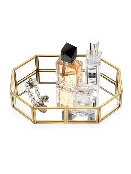 Mirror Glass Vanity Tray - Gold Ornate Makeup Tray Vintage Octagonal Perfume Tray Dresser Trays Jewelry Trinket Organizer For Bathroom Storage Trays For Home Decor