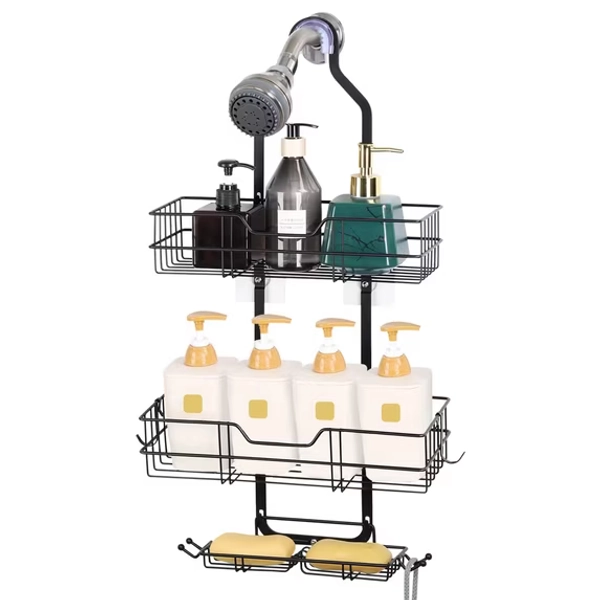 Over Head Shower Organizer, 3 Shelves Hanging Shower Caddy with Hooks, Bathroom Storage Rack for Razor Shampoo and Sponge, Rustproof, No Drilling, Black