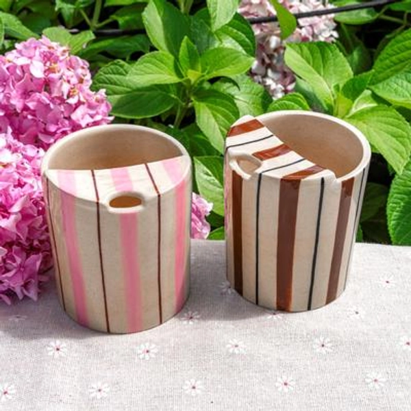 Handmade Ceramic Travel Mug: Pink & Brown Striped Coffee Tumbler
