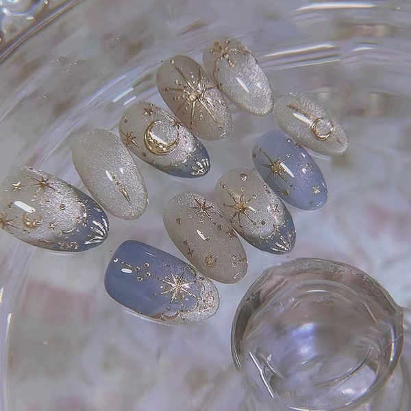 24pcs Romantic Y2k Star Press On Nails Gradient Blue French Style Gold Moon Designs Fake Nail Sweet Almond False Nails For Women - AliExpress 