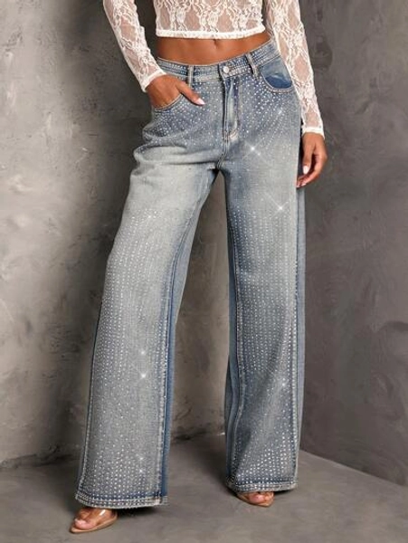 SHEIN BAE Women's Rhinestone Embellished Straight Leg Blue Jeans, Sexy Party Pants, New Years Eve , Holiday Party Pants, Christmas