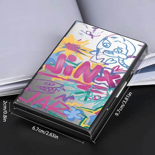 Colorful Graffiti JINX Pattern Style Lightweight Aluminum Alloy Flip Card Bag! Six Card  Metal Texture for Men and Women. Available in Golden/black/Silvery/blue Four-color Options. Essential for Office Use. Compact. Durable. Lightweight.