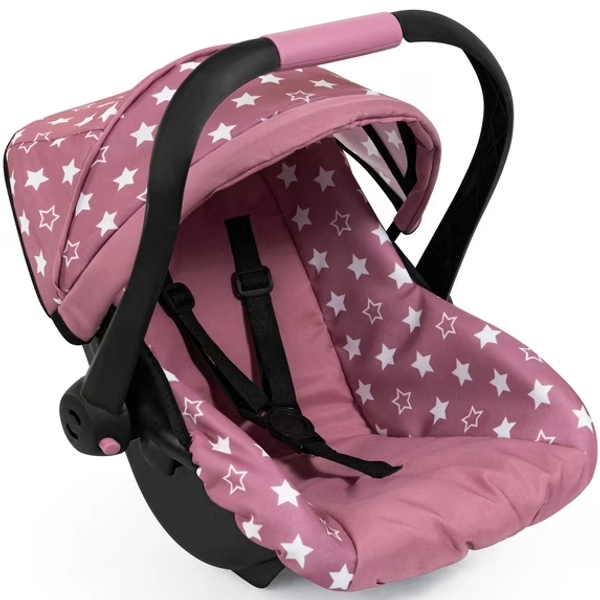 Bayer Design: Doll Deluxe Car Seat - Pink & White Stars - Portable Travel Carrier For Dolls Up To 18", Sunshade, Carry Handle, Use As Rocker, Kid 3+