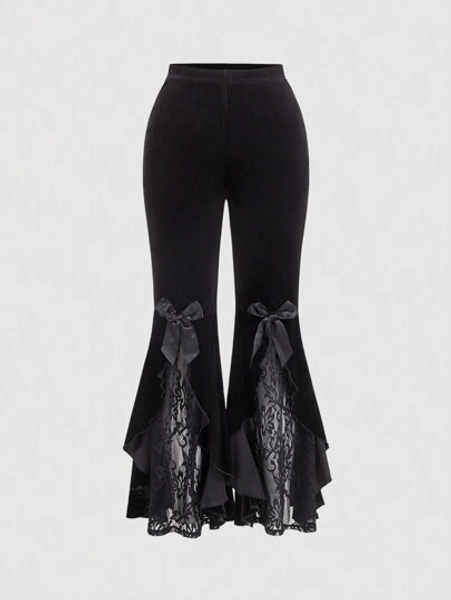 SHEIN MOD Plus Size Women's Retro Black Lace Patchwork Bow Flare Leg Pants,