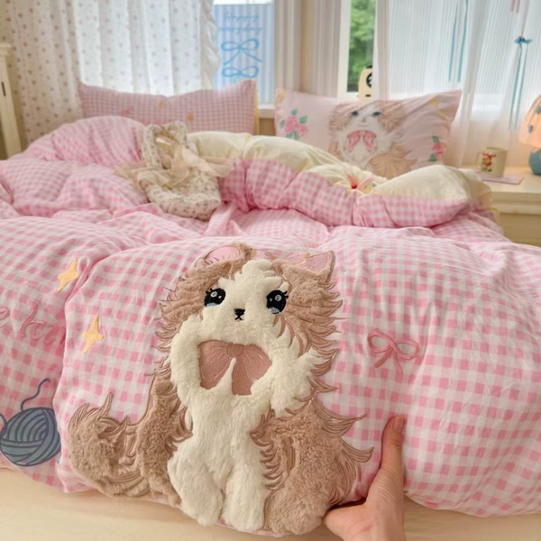 Cute Pink Cartoon Cat Bow Towel Embroidery Girls Kids Bedding Set Washed Cotton Soft Duvet Covers Bed Sheet Pillowcases 3/4Pcs - AliExpress 