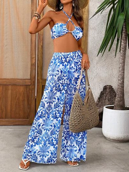 Swim Vcay Women's Summer Vacation Casual Beach Wear Printed Tie-Up Halter 3 PiecesBikini Set Bikini Set