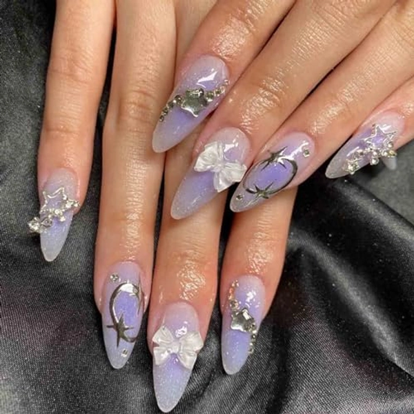 Hkanlre Long Almond Press on Nails Bow Fake Nails Tips Full Cover False Gradient Nails for Women and Girls 24PCS