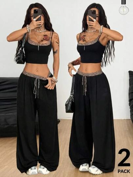 Coolane Women's Summer Casual Sport Knit Two Fake Pieces Tank Tops & Sweatpants Going Out Sets,2pcs,Back To School Clothes Y2k