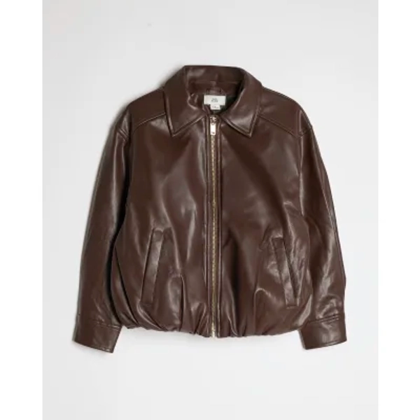 Girls Brown Faux Leather Bubble Bomber Jacket