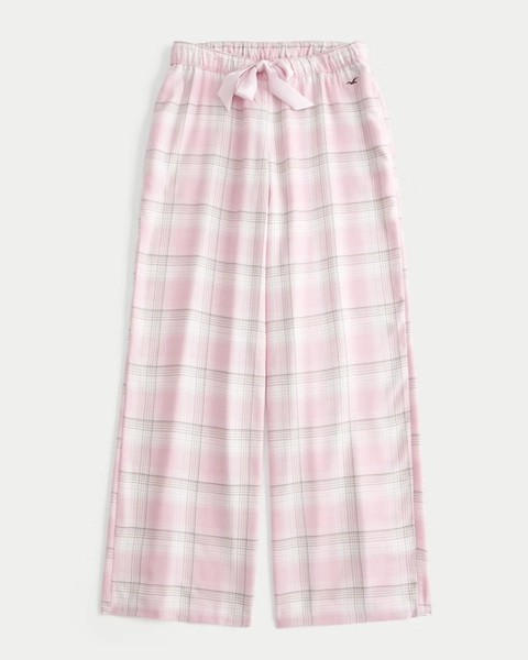 Flannel Satin Tie Wide-Leg Pants