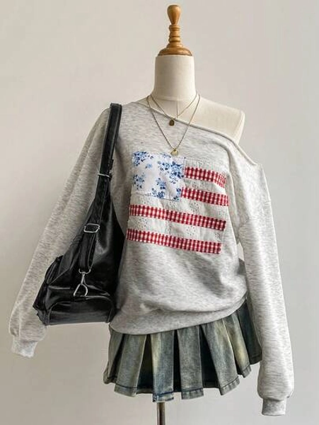 Elamini Women's Gray Twill Fabric Sweatshirt With Floral Plaid Cutout Embroidery, American Flag Embroidery, Oblique Shoulder, Loose Fit, Ribbed Cuffs And Hem, Casual Vintage Street Style, Suitable For Autumn, Daily Wear American Flag Sweatshirt. Back To School Essentials. Y2K Style. USA Apparel. Fall Cloth For Women