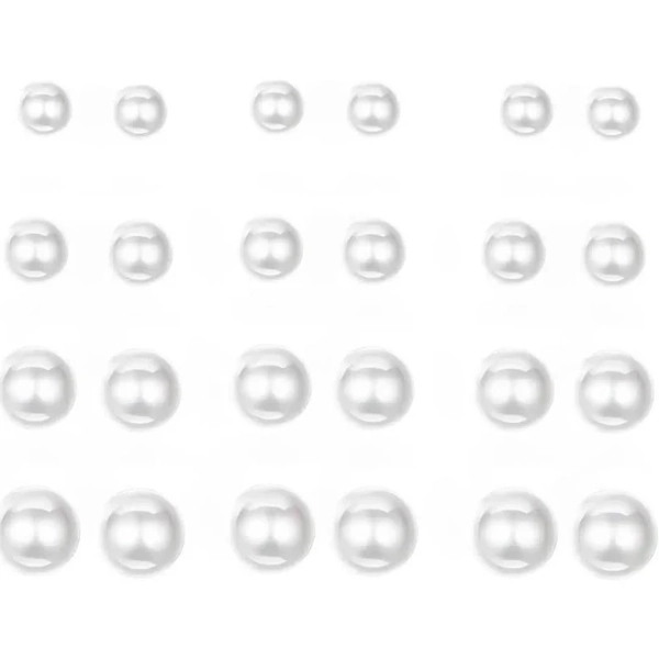 12 Pairs Pearl Studs Earrings for Women, Stainless Steel Hypoallergenic White Faux Simulated Pearl Earrings, 4 Mixed Sizes Round Ball for Wedding