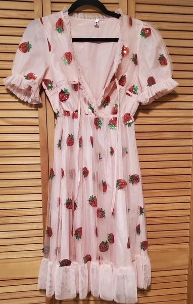 Strawberry Tulle Dress Womens Medium Pink Sequin Mesh Puff Sleeve Pastel