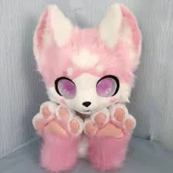 Kawaii Pink Fox Fursuit Head with Matching Paws and Hair Accessories Fluffy Cute Handmade Costume for Cosplay Halloween Fursona Outfit Play