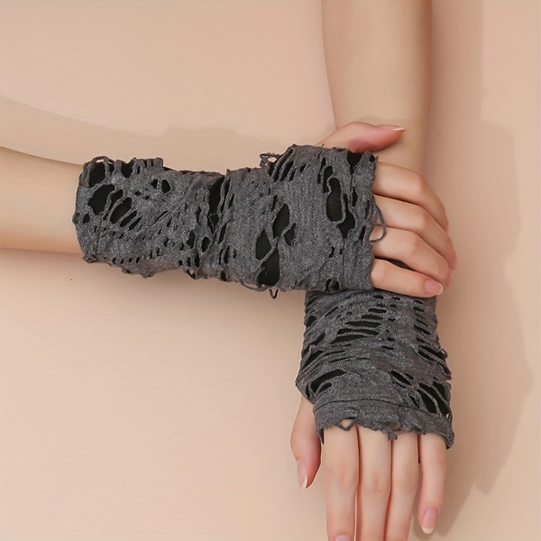 Classic Gray Ripped Gloves Stylish Elastic Wrist Cover Personalized Decorative Fingerless Gloves For Women Men
