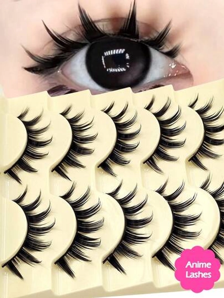 Asiteo 5 Pairs Spiky Manga Lashes Dramatic Full Strip With Big Eye Effect Anime Eyelashes, Reusable For Beginners, Doll Eye Styles, Suitable For Cosplay, Party, Halloween Strip Lashes,Lashes,Eyelashes,Fake Lashes