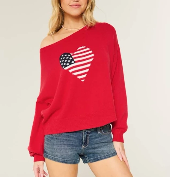 Women's Slouchy Off-the-Shoulder Flag Heart Graphic Sweater
