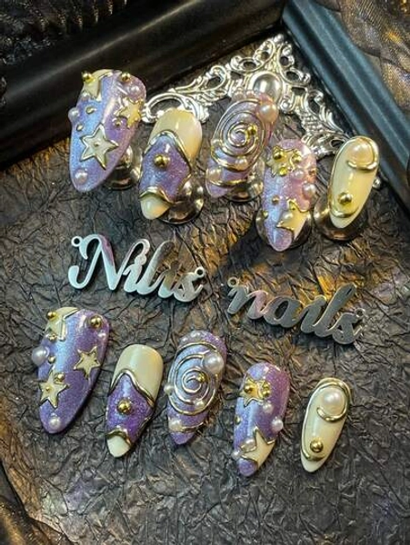 10pcs Almond Shaped Set Nails,Light Purple Cat Eyes&Apricot Tie Dye Style Nails,3D Three-Dimensional Steel Beads&Pearls Nails Accessories Decorations,Hand Painted Metal Geometric Pattern& Star Nails Design,Patterns In Y2K Style Nails Wearable Nail Art Set,Suitable For Women To Wear Daily Parties (Includes:A Piece Of Jelly Glue And A Friction Strip)Nail Supplies Nails