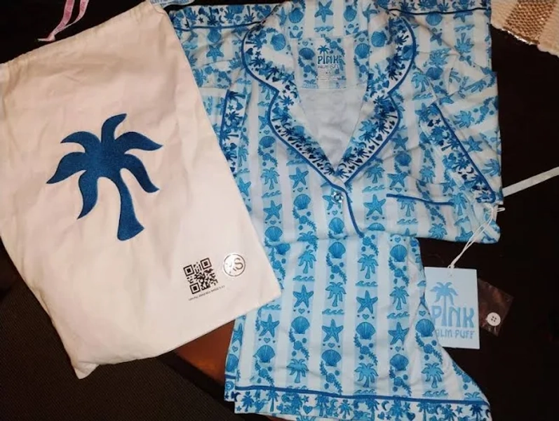 Pink Palm Puff Pajama Set 100% Pima Cotton, Blue Seabreeze Size Xs