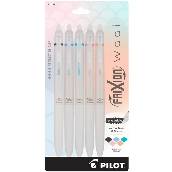 Pilot FriXion Waai Clicker Erasable Gel Ink Pens, Extra Fine Point, 0.5 mm, Assorted Ink, 5 Count