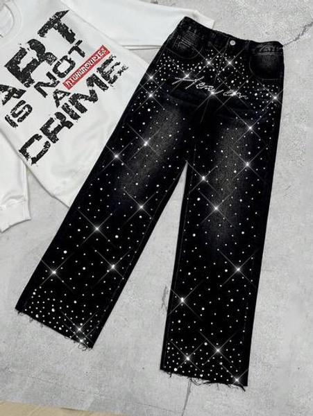 Teen Boy Fashion Casual Y2k Vintage Cool Street Returns To School College Basic Simple Comfortable Street Sparkling Letter Hot Diamond Design Black Denim Loose Jeans For Kids Clothes Teen Boy Costume Dailywear And Kids Winter And Fall Rave Outfits Festival And Outfits Streetwear Clothes