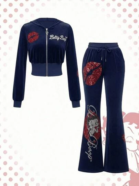 Betty Boop | ROMWE Y2K Rhinestone Betty Pattern Velvet Hooded Sweatshirt & Pants Set - Size L