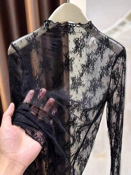 2025 New Lace Mock Neck Layering Sheer Mesh Long Sleeve Undershirt For Women, Spring/Summer/Autumn