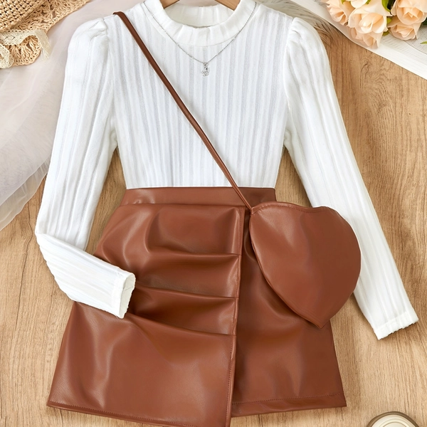 Girls' Simple and Elegant Puff Sleeve Striped Cable Knit Fabric Top + High-Waist A-Line Skort Set, Includes Heart-Shaped Crossbody Bag. Suitable for Back-to-School, Parties, Daily Wear, Casual Outings, Autumn Fashion, and as a Versatile Autumn/Winter