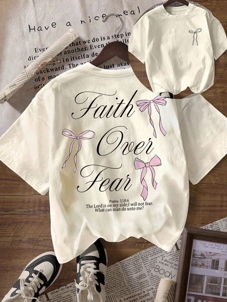 Pink Bow Slogan Graphic Print Round Neck Short Sleeve Women T-Shirt Casual Summer