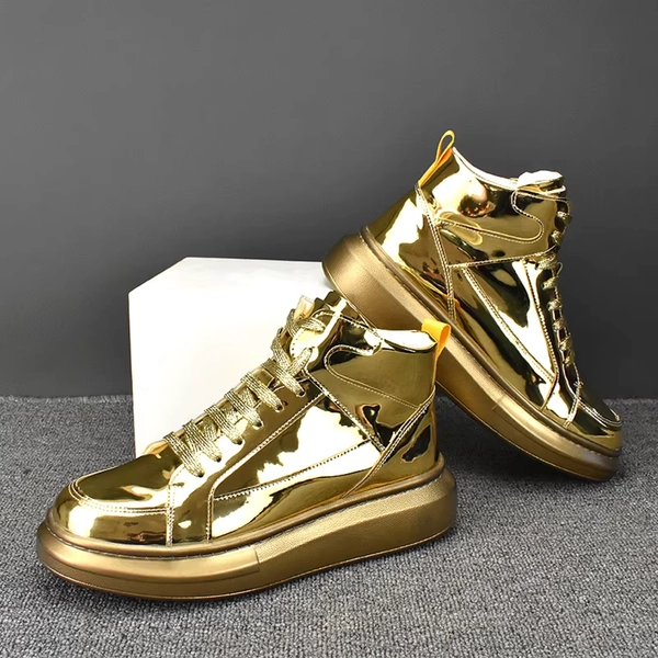 2025 Men's High Top Sports Shoes Fashion Shiny Leather Gold Silver Luxury Skateboard light soft Boots Sneaker high-quality - AliExpress 322