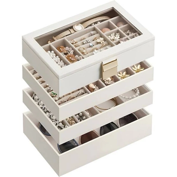 Customizable 4-Layer Jewelry Organizer with Transparent Glass Lid and Gold Handle