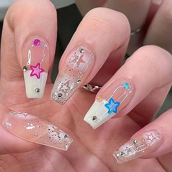 Hkanlre Long Fake Nails French Press on Silver Nails Ballerina Tips Full Cover Shiny Coffin False Nails for Women and Girls 24PCS