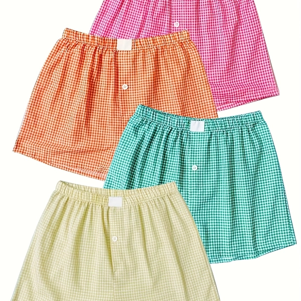Women's Stylish 4pcs Printed Plaid Lounge Shorts - Loose Comfortable