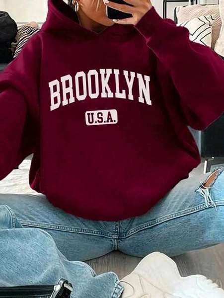 Teen Girl "BROOKLYN" Casual Letter Print Hoodie, Fashionable & Unique, Suitable For All Seasons, Burgundy Hoodie, Burgundy Hoodie, All-Day Hoodie, Fashionable Hoodie