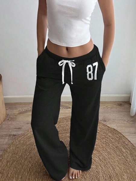 Sunnyshic Grey 87 Embroidered Low Waist Ribbed Contrast Color Drawstring Tie Slant Pocket Straight Leg Loose Casual Sweatpants, Suitable For Home, Daily, Street, Vintage Sports, Minimalist Design, Spring/Summer For Women Fall Cloth For Women