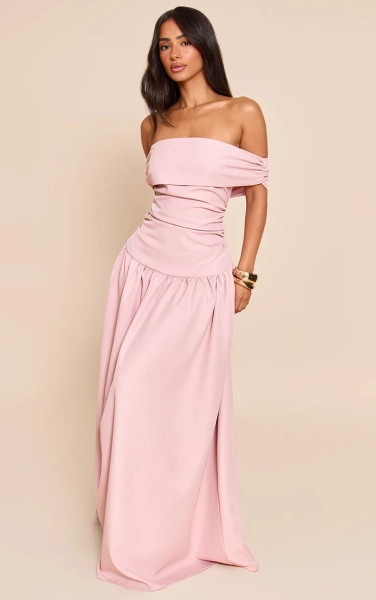 Petite Baby Pink Off Shoulder Pleated Maxi Dress