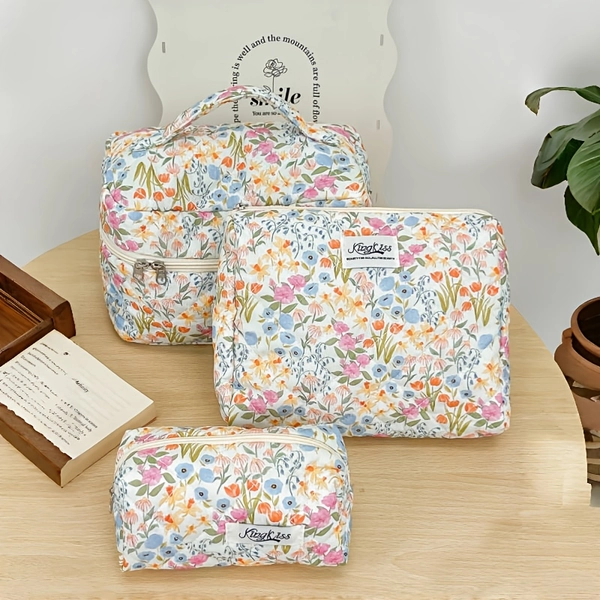 3pcs Floral Print Toiletry & Makeup Organizer Set - Large Capacity Lightweight Foldable Zippered Bags with Top Handle, Pastel & Vibrant Colors for Travel, School, Daily Use - Ideal for Teens, Nurses, Mothers (Gift-Ready Packaging) - Durable Fabric-Like Material, Spacious Cosmetic & Jewelry Storage