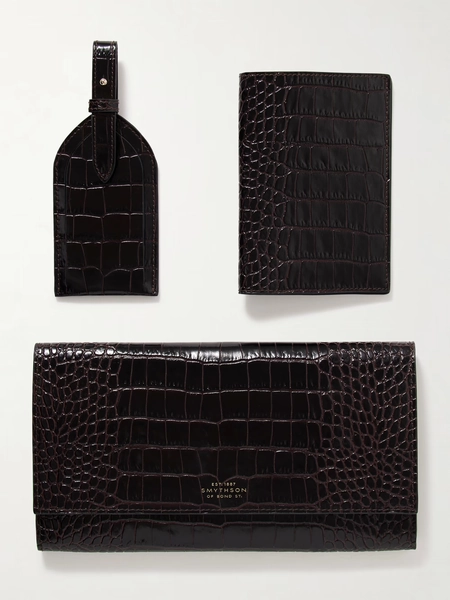 Mara croc-effect leather clutch, passport holder and luggage tag set - dark brown - One Size