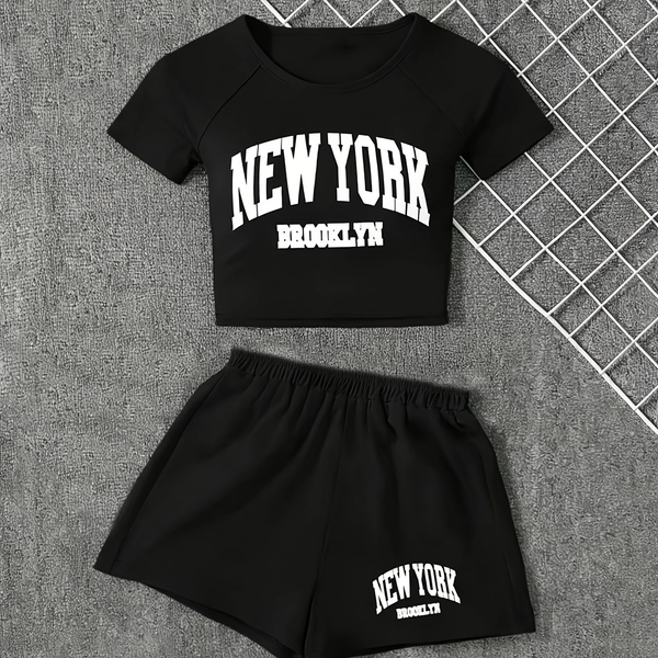 [2pcs Set] Athletic Outfit Set, Girls' Letter Print Short Sleeve T-Shirt And Elastic Shorts Set Spring Summer Outdoor Athletic Wear, for Outdoor