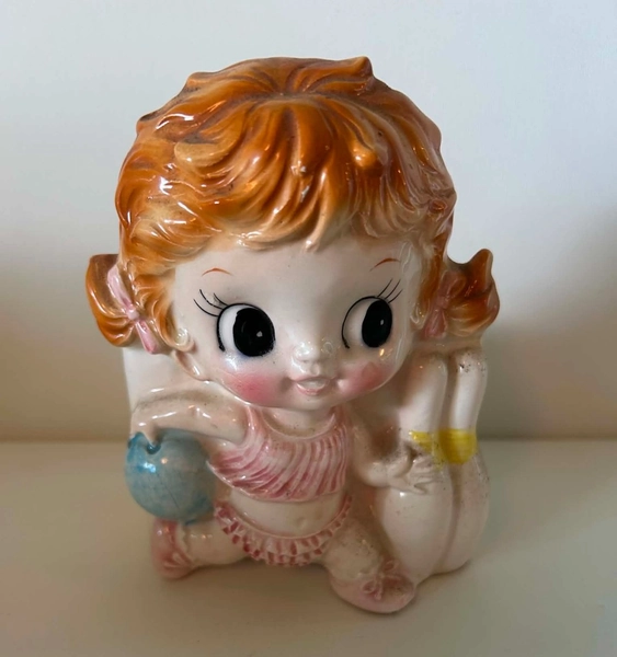 Vintage Japan Baby Girl Bowling Nursery Head  Planter 50'S Swag Rubens? Ardco?