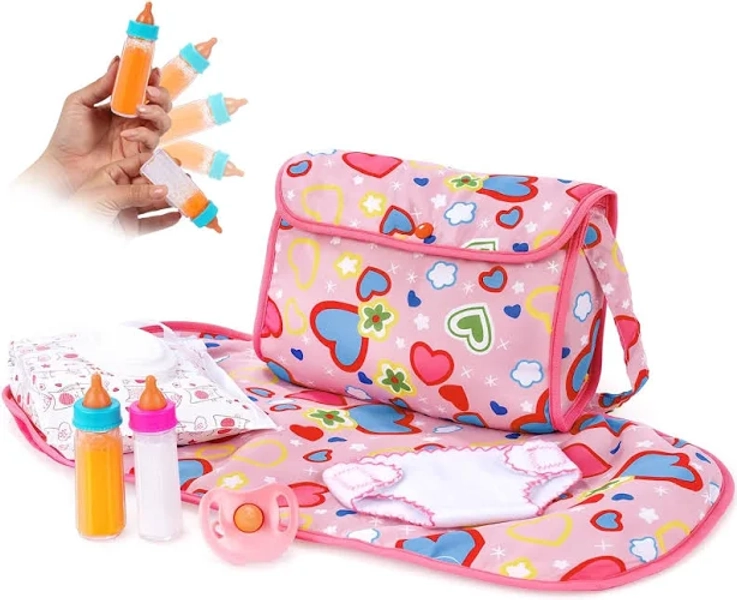 BABESIDE 8 Pcs Baby Diaper Bag Set with Magic Bottles, Baby Doll Accessories Includes Changing Mat, Diaper,Pacifier,Tissue Bag and Bottle with